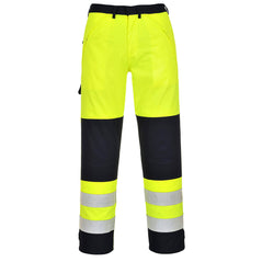 Hi Vis Multi-Norm Trousers with Navy legs and Yellow upper on the trouser. trousers have navy waistband. Cargo style pockets on the side and back.