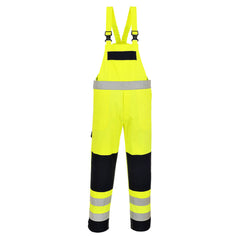 Yellow and navy hi vis multi-norm bib and brace, Bib and brace has side cargo pocket, A large front pocket and shoulder straps. Bib and brace also has navy knee pockets, ankles and chest area. Bib and brace also has hi vis bands on the ankles and one band across the chest.