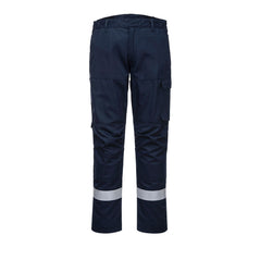 Hi vis Navy Bizflame trousers. Trousers have and hi vis bands on the lower legs.  