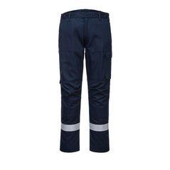 Hi vis Navy Bizflame trousers. Trousers have and hi vis bands on the lower legs.