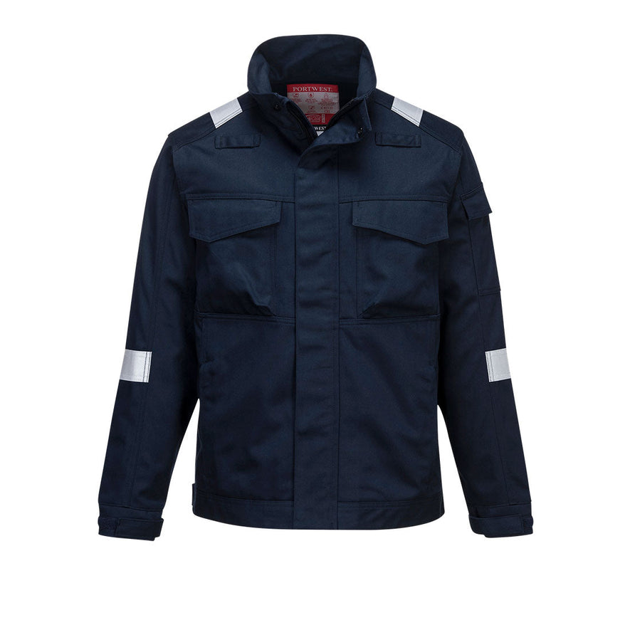 Navy Bizflame Ultra Jacket with hi-vis strips on the arms and shoulders.