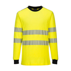 WX3 Flame Resistant Hi-Vis T-Shirt in yellow with black cuffs and neck. Shirt has hi vis bands on the waist and arms.