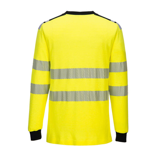 WX3 Flame Resistant Hi-Vis T-Shirt in yellow with black cuffs and neck. Shirt has hi vis bands on the waist and arms.