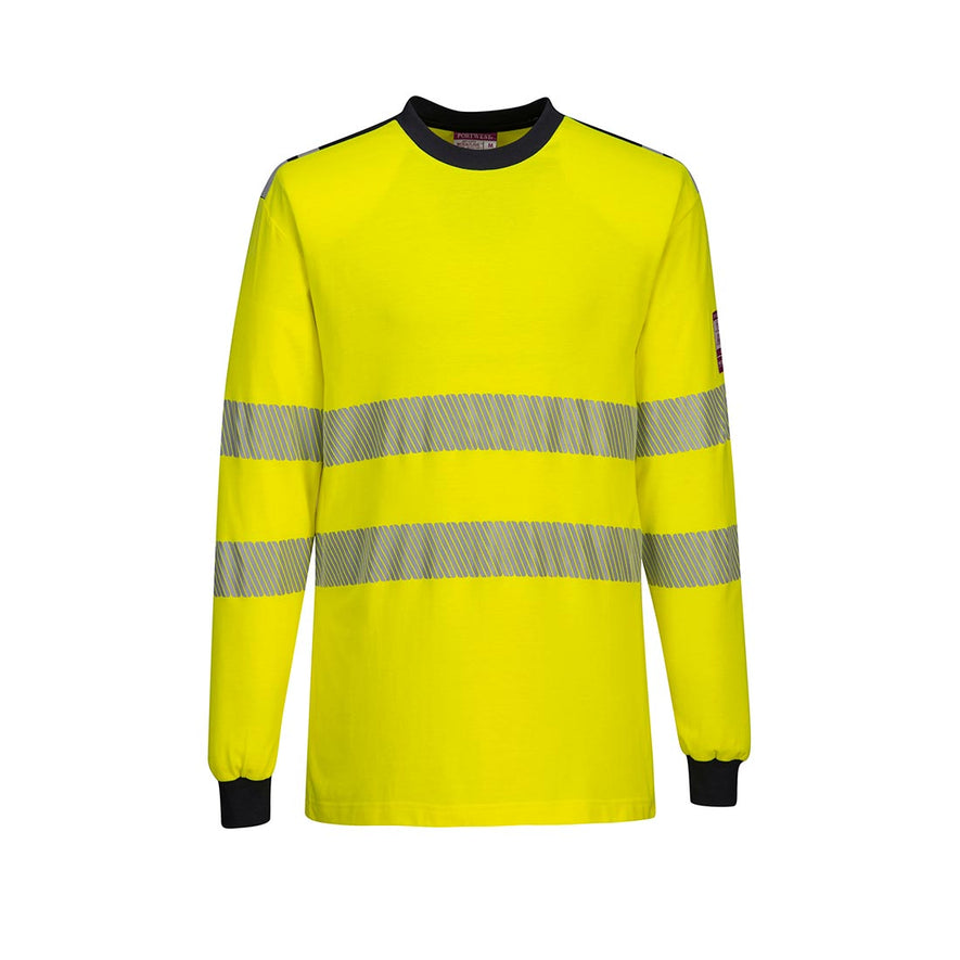 WX3 Flame Resistant Hi-Vis T-Shirt in yellow with navy cuffs and neck. Shirt has hi vis bands on the waist and arms.