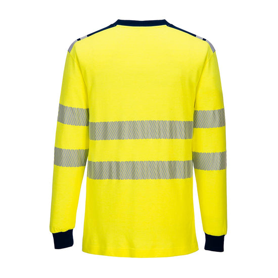 WX3 Flame Resistant Hi-Vis T-Shirt in yellow with navy cuffs and neck. Shirt has hi vis bands on the waist and arms.