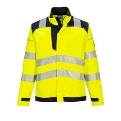 Portwest PW3 Flame Resistant Hi-Vis Work Jacket in yellow with black panels on collar, shoulders, chest and bottom of jacket. Reflective strips on shoulders, front and arms and zip fastening on front with concealing flap.