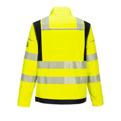 Back of Portwest PW3 Flame Resistant Hi-Vis Work Jacket in yellow with black panels on shoulders, sides and bottom of jacket. Reflective strips on shoulders, front and arms.