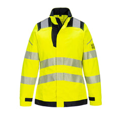 Portwest PW3 Flame Resistant Hi-Vis Women's Work Jacket in yellow with black panels on collar, shoulders, chest and bottom of jacket. Reflective strips on shoulders, front and arms and zip fastening on front with concealing flap.