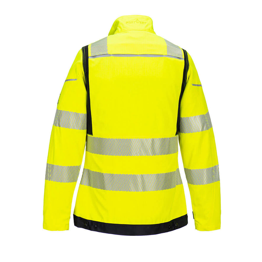 Back of Portwest PW3 Flame Resistant Hi-Vis Women's Work Jacket in yellow with black panels on shoulders, sides and bottom of jacket. Reflective strips on shoulders, front and arms.