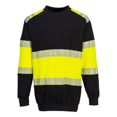 Portwest PW3 Flame Resistant Sweatshirt with yellow shoulders and middle of chest and arms and black on top section and bottom of body and arms. Reflective tape on shoulders, arms and body and crew neck.