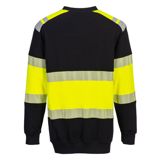 Back of Portwest PW3 Flame Resistant Sweatshirt with yellow shoulders and middle of chest and arms and black on top section and bottom of body and arms. Reflective tape on shoulders, arms and body.