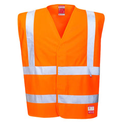 Orange hi-vis anti static flame resistant vest with hi vis bands on the waist and shoulders.