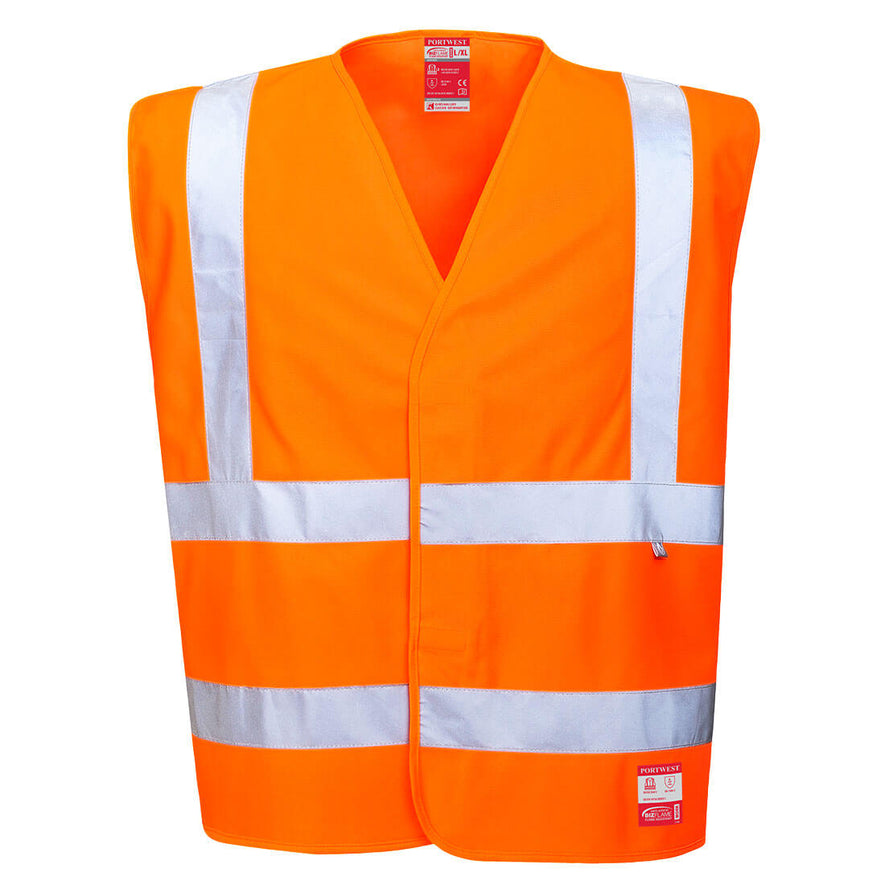 Orange hi-vis anti static flame resistant vest with hi vis bands on the waist and shoulders.