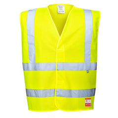 Yellow hi-vis anti static flame resistant vest with hi vis bands on the waist and shoulders.