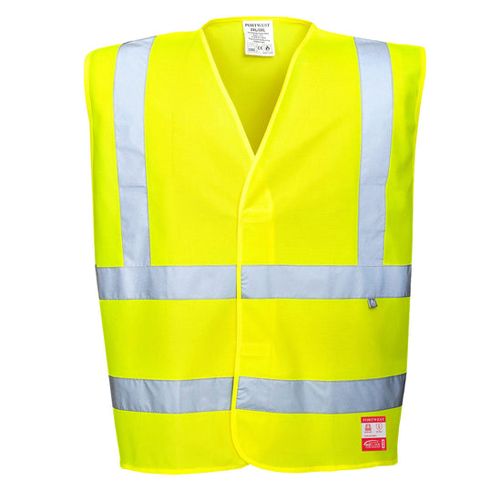 Yellow hi-vis anti static flame resistant vest with hi vis bands on the waist and shoulders.
