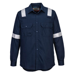 Portwest Flame Resistant Lightweight Anti-Static Shirt in navy with collar, buttons down front, two chest pockets with flaps and buttons, long sleeves, reflective strips on shoulders and arms.