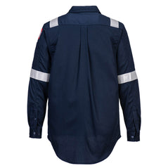 Back of Portwest Flame Resistant Lightweight Anti-Static Shirt in navy with collar, buttons on cuffs, long sleeves, reflective strips on shoulders and arms.