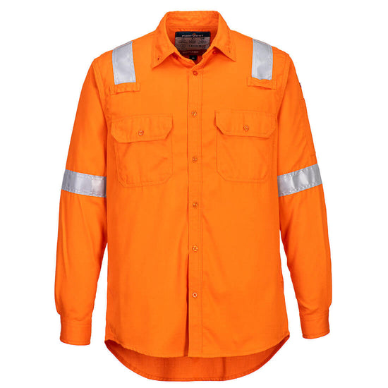 Portwest Flame Resistant Lightweight Anti-Static Shirt in orange with collar, buttons down front, two chest pockets with flaps and buttons, long sleeves, reflective strips on shoulders and arms.