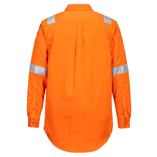 Back of Portwest Flame Resistant Lightweight Anti-Static Shirt in orange with collar, buttons on cuffs, long sleeves, reflective strips on shoulders and arms.