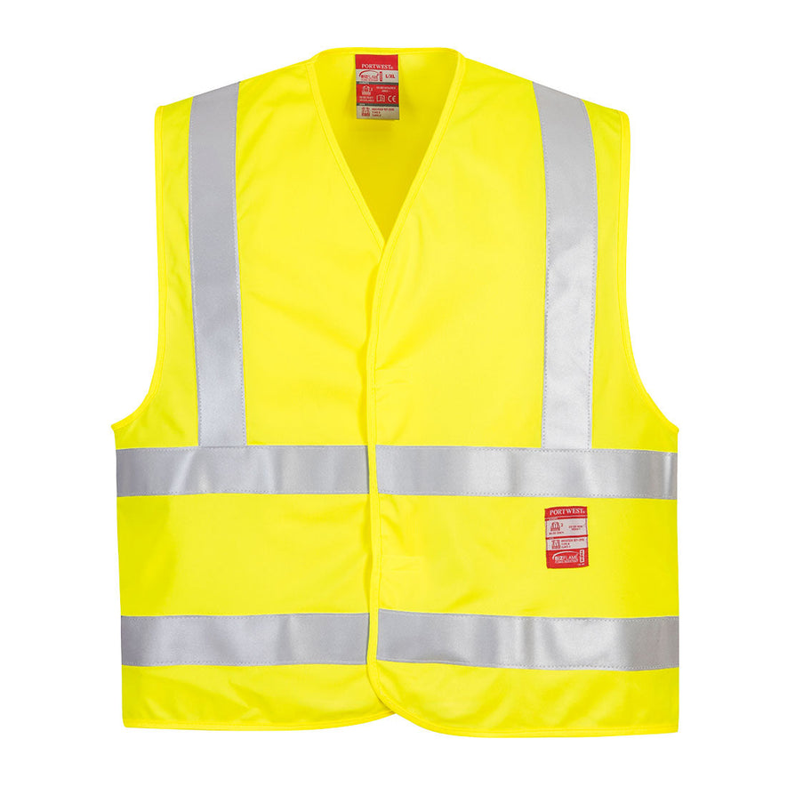 Yellow hi-vis flame resistant vest with hi vis bands on the waist and shoulders.