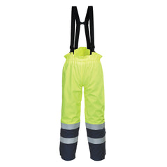 Yellow and navy biz flame multi arc hi vis trouser. trouser has navy two tone contrast on the bottom of the legs. Trouser has two hi vis bands along the bottom of the leg and has bib and brace style braces in black.