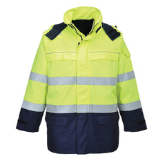Yellow and navy biz flame multi arc hi vis jacket. jacket has navy two tone contrast on the bottom of the jacket and bottom of the sleeves. Jacket has two hi vis bands along the body and arms of the jacket.