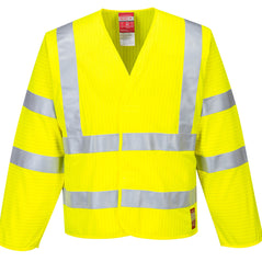 Yellow hi-vis anti static long sleeve flame resistant vest with hi vis bands on the waist, arms and shoulders.