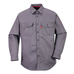 Grey flame resistant shirt with button fasten and two chest pockets with button fasten.