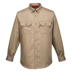 Khaki flame resistant shirt with button fasten and two chest pockets with button fasten.