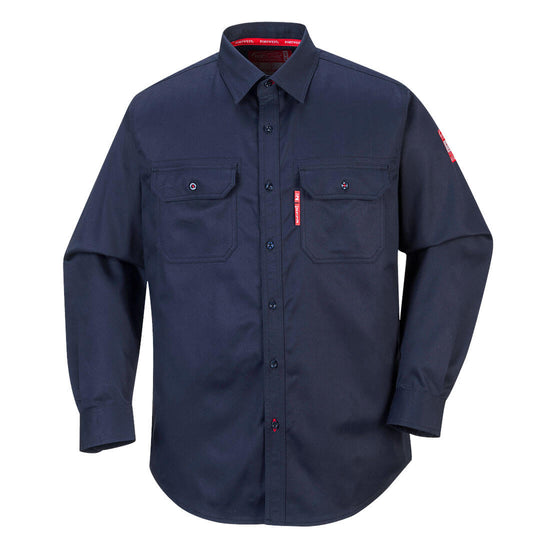 Navy flame resistant shirt with button fasten and two chest pockets with button fasten.