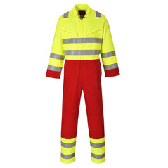 Hi Vis services flame resistant coverall in Yellow with Red accents on the bottom of the legs and sleeve. Coverall has hi vis waistbands, Arm bands, ankle bands, and shoulder straps. Leg pockets, Chest pocket and zip fasten.