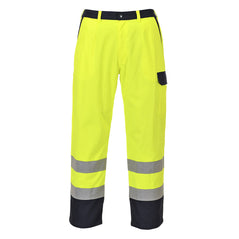 Yellow hi vis bizflame pro trousers with side pockets and belt loop. Trousers have navy trim on the zips top of pockets, waistline and ankles. Hi vis strips on the ankles.