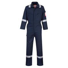 Navy Bizflame Ultra Coverall with reflective wrists, shoulders and ankles with chest pockets and zip fasten.