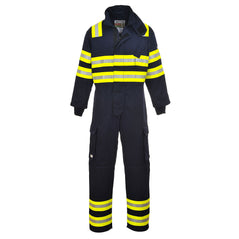 Navy Portwest Woldland Fire Coverall. Coverall has yellow and hi vis bands across the chest, shoulders and legs. Coverall is zip fasten and has side, chest and leg pockets.