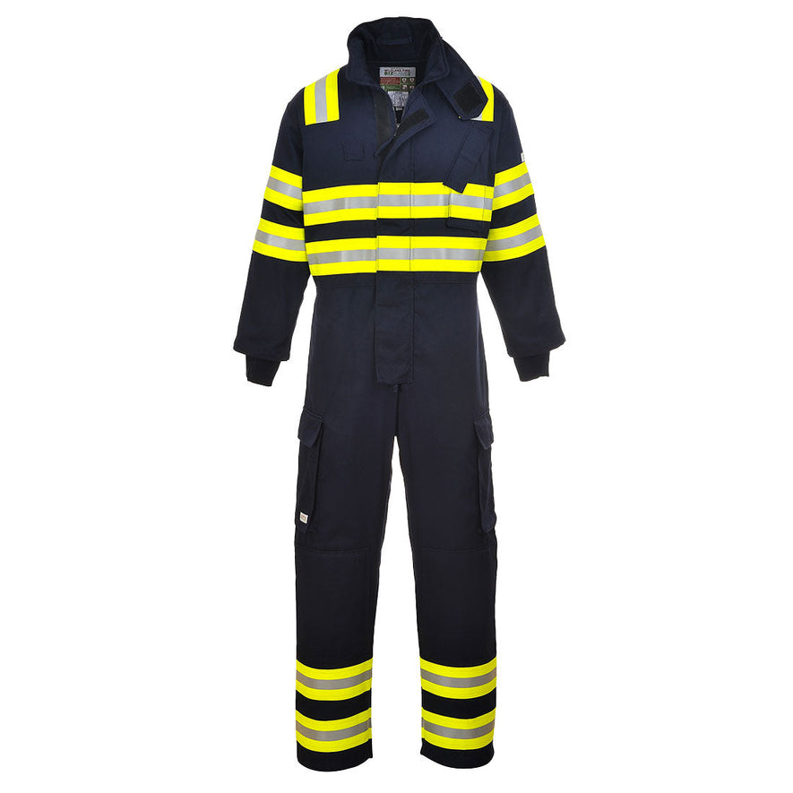 Navy Portwest Woldland Fire Coverall. Coverall has yellow and hi vis bands across the chest, shoulders and legs. Coverall is zip fasten and has side, chest and leg pockets.