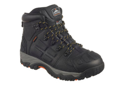 Black Portwest Steelite Monsal Safety Boot. Boot has a black sole and grey sole upper, Protective toe and black and yellow laces.