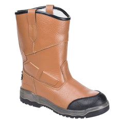 Tan Portwest Steelite Rigger Boot Pro. Boot has a black sole, Grey sole upper, Protective toe and black toe scuff cap, Leather finish, white inner and rigger boot upper attachments.