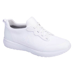 Portwest Lite Occupational Trainer in white with fabric upper, elastic laces and rubber lace eyes, branding, scuff cap, heel and sole.