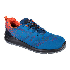 Blue Portwest Steelite Aire Safety Trainer. Trainer has a Black sole and blue laces. Protective toe, Orange contrast dotted through out the shoe.