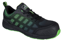 Black portwest compositelite Ogwen low cut trainer. Trainer has a protective toe and green contrast through out on the mesh side, tongue and heel tab of the boot. Trainer has a black and green sole and a black scuff cap.