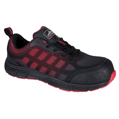 Black portwest compositelite Ogwen low cut trainer. Trainer has a protective toe and red contrast through out on the mesh side, tongue and heel tab of the boot. Trainer has a black and red sole and a black scuff cap.