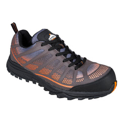 Grey portwest compositelite low cut Spey trainer. Trainer has a protective toe and orange contrast on the sides. Trainer also has a black area around the laces and a black sole.