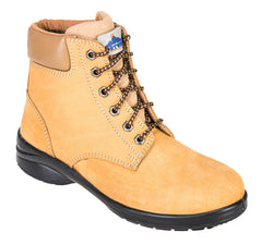 Wheat Portwest Steelite Ladies Louisa Safety Boot. Boot has a black sole, Protective toe and black and tan laces.