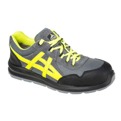 Grey Portwest Steelite Mersey Safety Trainer. Trainer has a grey sole black sole upper, Protective toe and yellow laces. Trainer has yellow contrast through out as well as a black lower to the shoe.