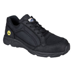 Black Portwest Compositelite ESD Tees Safety Trainer S1P.  Trainer has a protective toe, Black sole and Yellow esd logo.