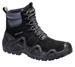 Portwest Rafter Composite Boot in black with laces, leather outer with PU around ankle, on tongue and pattern around sides of sole and scuff cap.