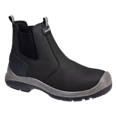 Portwest Rafter Dealer ankle boot with black leather outer, black fabric on sides and grey PU on sides of sole and scuff cap.