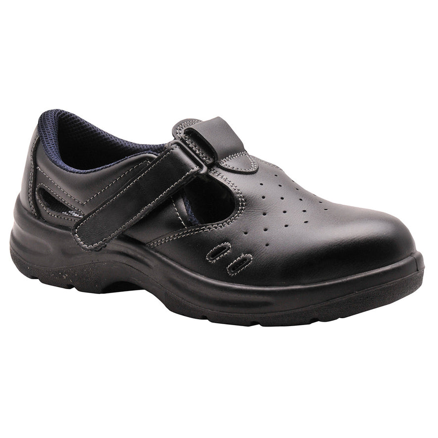 Black Portwest Steelite Safety Sandal. Sandal a black sole, protective toe, velcro fasten and has perforated parts through out for breathability.