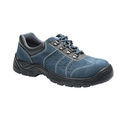 Blue Steelite Perforated Safety Trainer. Trainer has a black sole and grey outer lace area. Trainer has blue laces.