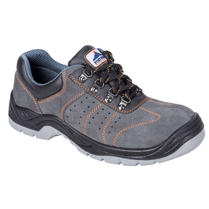 Grey Steelite Perforated Safety Trainer. Trainer has a black sole and grey sole upper. Trainer has black and orange laces. Trainer has orange stitching through out.